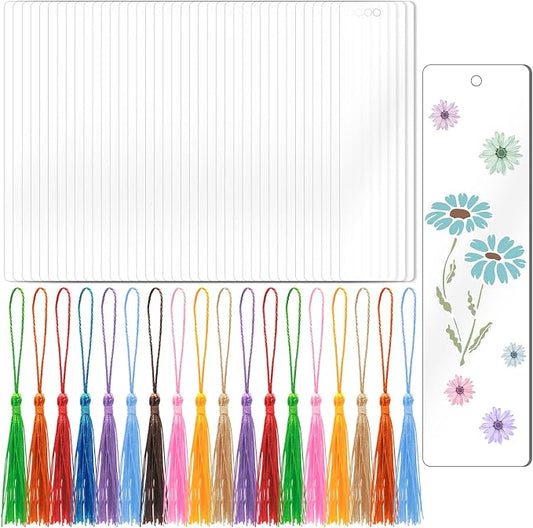 DSYIL 40 PCS Acrylic Bookmarks Blanks with 40 PCS Colorful Tassels, 1.8mm Thickness Rectangle DIY Clear Bookmark Bulk for Crafts Hanging Gift Tag Price Tags, 4.7 x 1.3 Inches