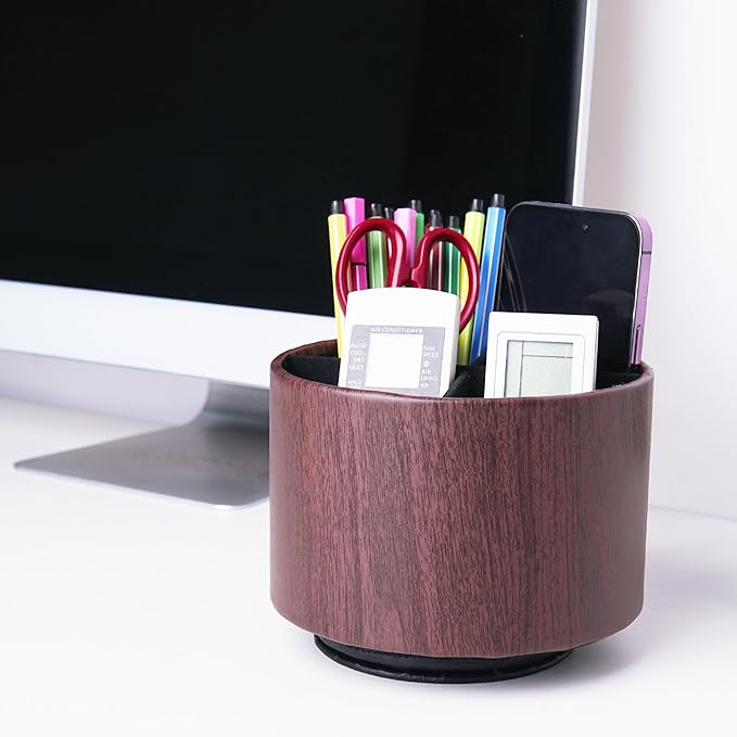 Round Leather Art Supply Organizer,Remote Control Holder,360 Degree Spinning,Multi-Functional Pencil Holder,4 Compartments Desktop Stationary Organizer(1-Thin Wood Dark Brown)