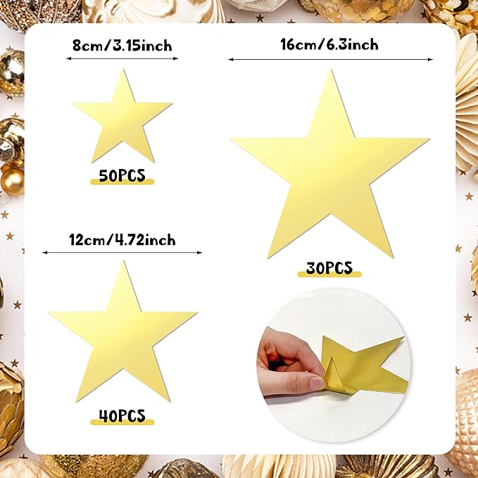 120 PCS Glitter Gold Five Star Cutouts Paper Star Cutouts Star Cutouts for Bulletin Board Stars Classroom Wall Party Decoration Supply 3 Sizes 3.1inch 4.7inch 6.2inch