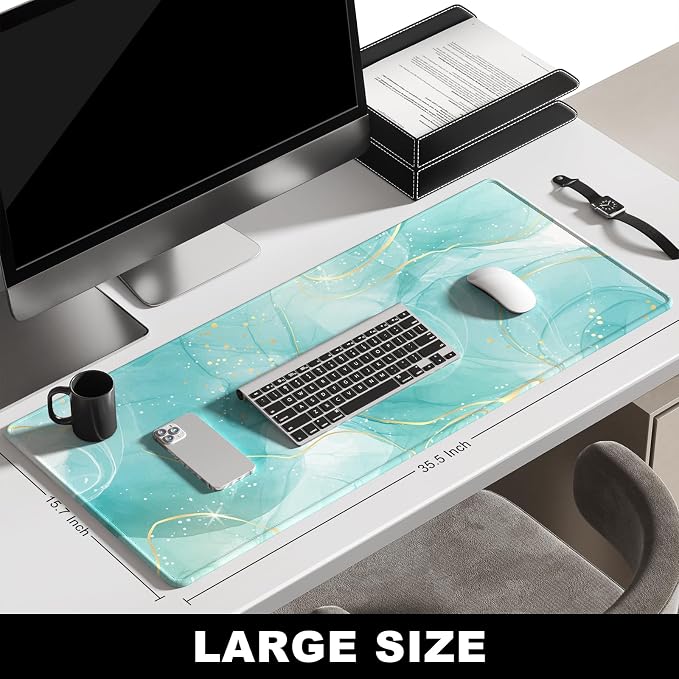 BOSOBO Large Mouse Pad - XXL XL Extended Gaming Desk Mat for Office & Home, Long Keyboard Cover 35.5 x 15.7 Inches, Art Gold Teal Marble