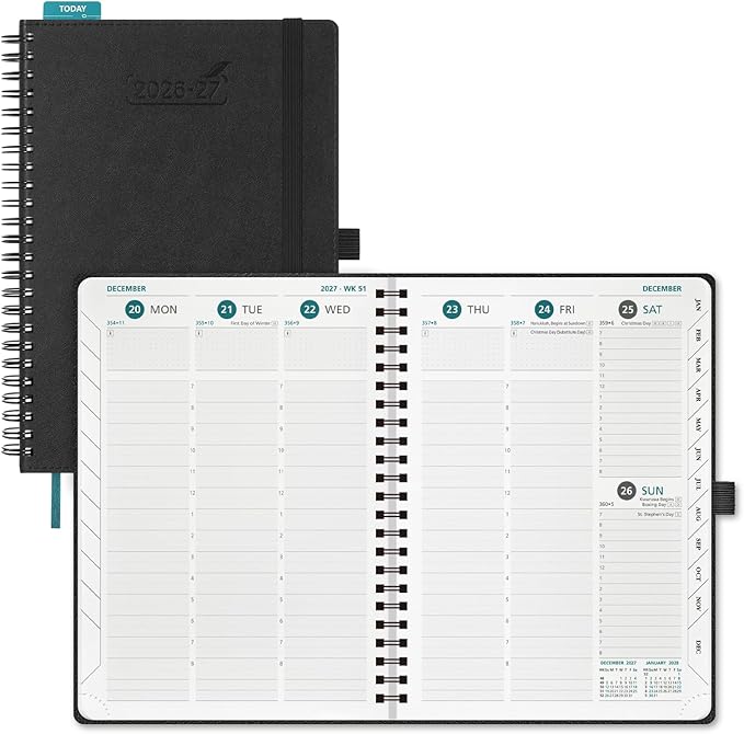 BEZEND Weekly Planner 2026-2027 (6" x 8.5") with Hourly Timeslots (Jul 26-Dec 27) 18 Months Academic Calendar & Monthly Tabs, for Students, Work & Home, Spiral PU Leather Softcover -Black