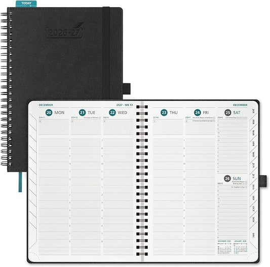 BEZEND Weekly Planner 2026-2027 (6" x 8.5") with Hourly Timeslots (Jul 26-Dec 27) 18 Months Academic Calendar & Monthly Tabs, for Students, Work & Home, Spiral PU Leather Softcover -Black