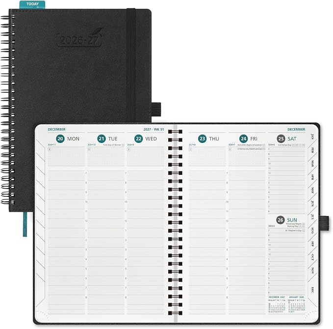 BEZEND Weekly Planner 2026-2027 (8.5" x 11") with Hourly Timeslots (Jul 26-Dec 27) 18 Months Academic Calendar & Monthly Tabs, for Students, Work & Home, Spiral PU Leather Softcover -Black