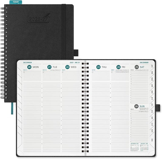 BEZEND Weekly Planner 2026-2027 (8.5" x 11") with Hourly Timeslots (Jul 26-Dec 27) 18 Months Academic Calendar & Monthly Tabs, for Students, Work & Home, Spiral PU Leather Softcover -Black