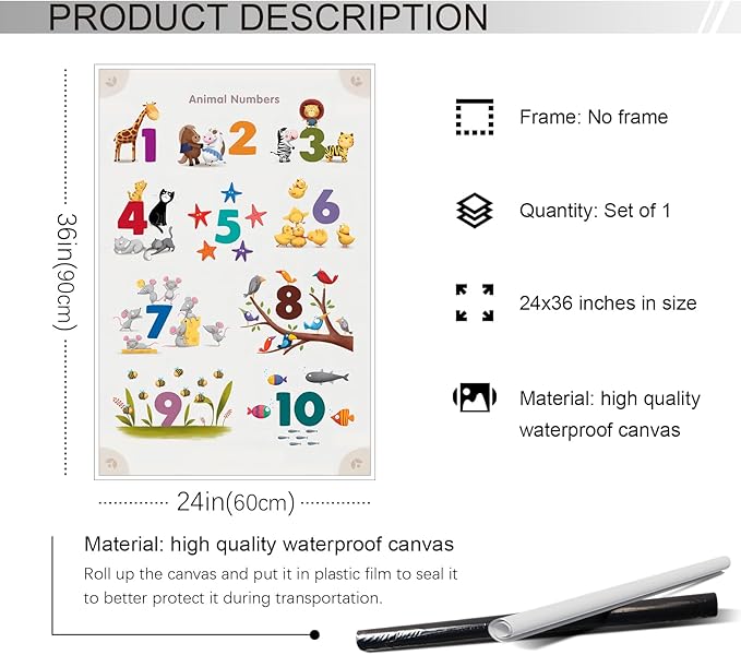 xbsifyiooa Number 1-10 Poster for Toddlers, Learning & Educational Numbers Posters for Toddlers 1-3, Kids Learning Posters, Cute Animal Numbers Chart Preschool Wall Posters For Kids 24x36in Unframed