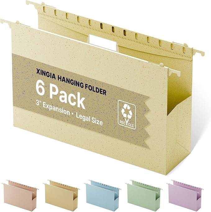 XINGIA Extra Capacity Hanging File Folders Legal Size,Heavy Duty 3 Inch Expansion File Folders Hanging with Tabs, 6 Pack Wheat Straw Hanging Folders for Filing Cabinet,Plastic File Organizer Folders