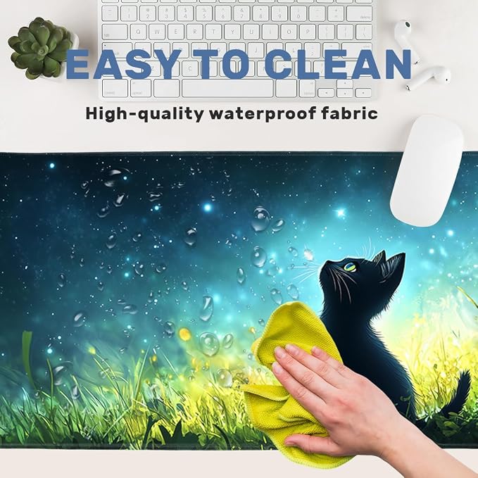 Black Cat Gaming Mouse Pad 35.4 x 15.7 Inches Starry Sky Grass Fantasy Night Light Desk Mat Mouse Mat XXL Laptop Keyboard Pad, Laptop Keyboard Mousepad Aesthetic Accessories for Women