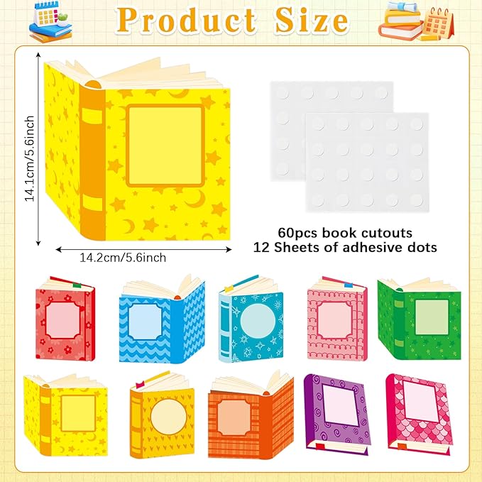 60pcs Book Theme DIY Cutouts Book Bulletin Board Decoration Set Colorful Reading Paper Cut-Outs Classroom Decor for Boy Girl Classroom DIY Photo Craft Kindergarten School Wall Door Supplies