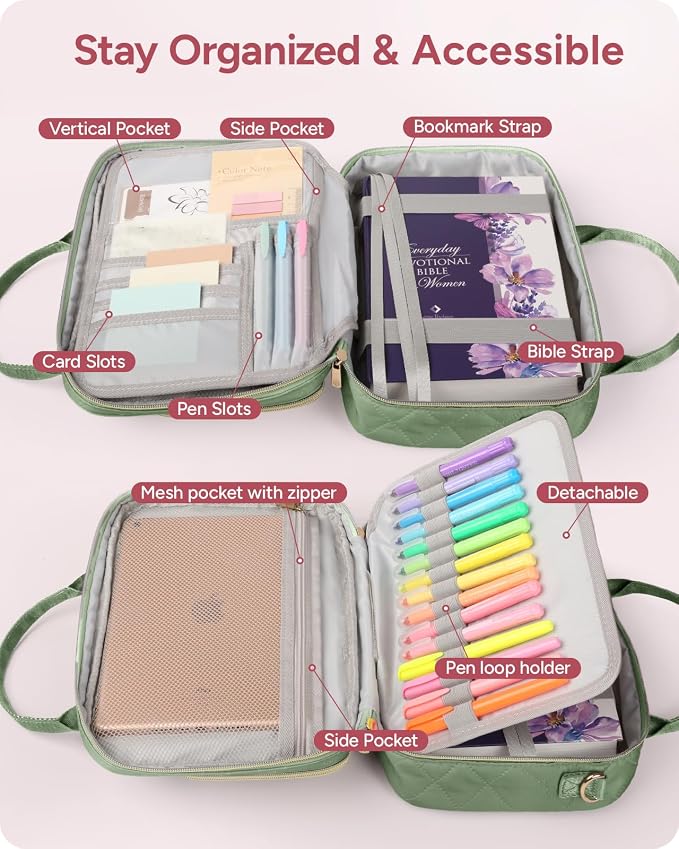 BellaHold All-in-One Bible Journaling Kit – Quilted Bible Cover Case for Women, 31 Highlighters, 75 Tabs, Bible Study Supplies & Christian Gift for Women and Teens (Shoulder Strap, Olive Green)