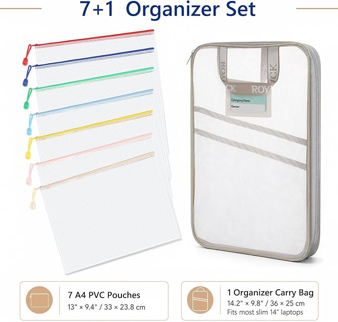 7 Pack PVC Mesh Zipper Pouch Set with 1 Organizer Bag A4/Letter Size Translucent File Bags Water-Resistant Plastic Document Pouches for Office College School & Travel Supplies (8pcs)