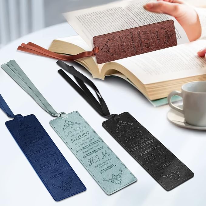 FINPAC Leather Bible Bookmarks, Vegan Religious Bookmarks, Bible Verse Book Markers Church Gifts for Women Men [Trust in The Lord with All Your Heart] - Turquoise + Navy