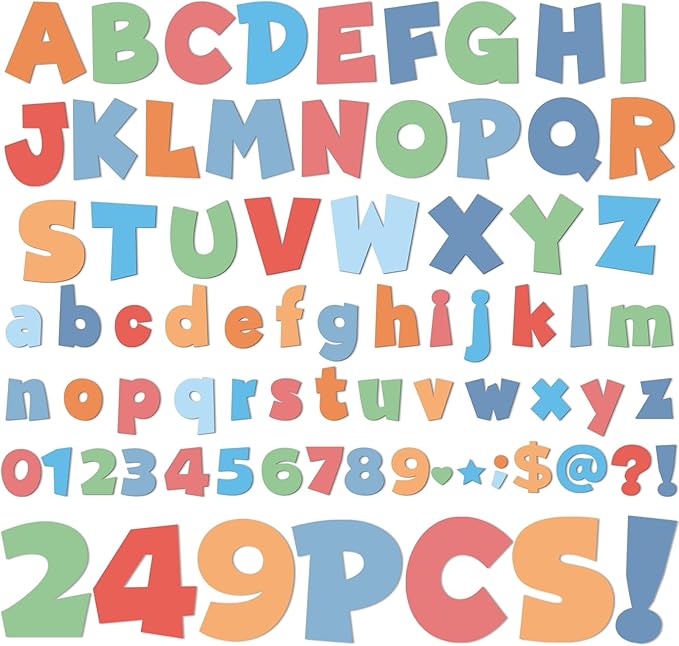 249 Pcs Bulletin Board Letters Set, 4 Inch Colorful Alphabet Numbers & Punctuation Cutouts with Adhesive Dots for Classroom Wall & School Decor (Candy)