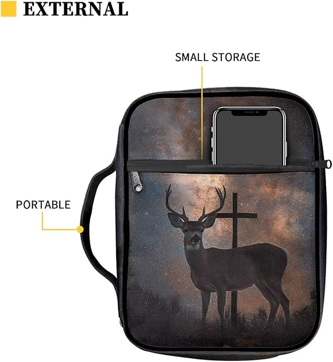 Suobstales Deer Cross Galaxy Print Bible Cover Portable Carrying Book Case Multi-Functional Bible Case Bible Organizer Case with Handle and Zippered Back Pocket