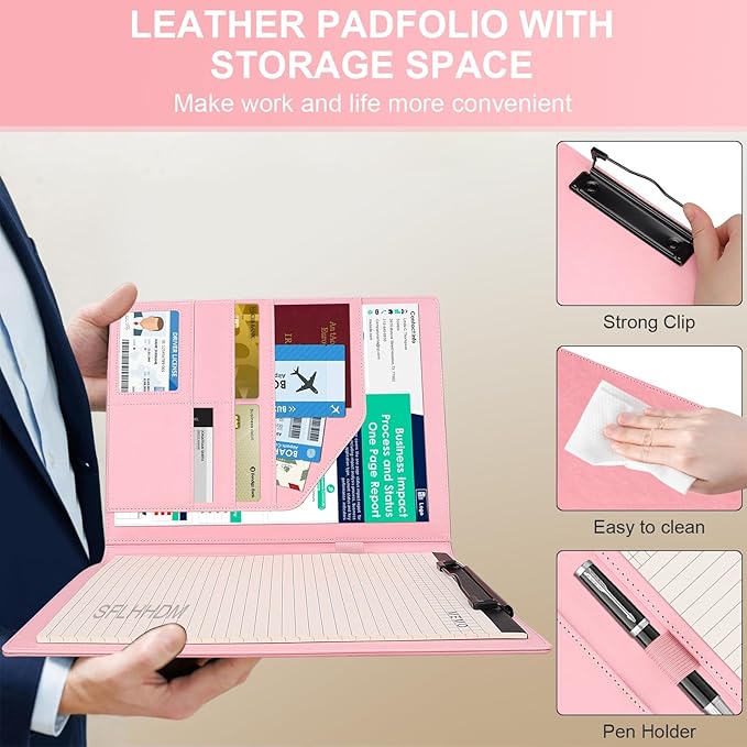 Clipboard Padfolio with Storage Pocket,Clipboard Folder Portfolio Organizer,360 Degree Foldable Clipboards,Faux Leather Padfolio Organizer (Pink, A4 Size Folder Without Elastic Band)
