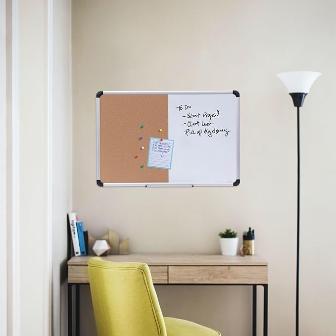 Universal Cork/Dry Erase Board, Melamine, 36" x 24, Black/Gray, Aluminum/Plastic Frame (43743)