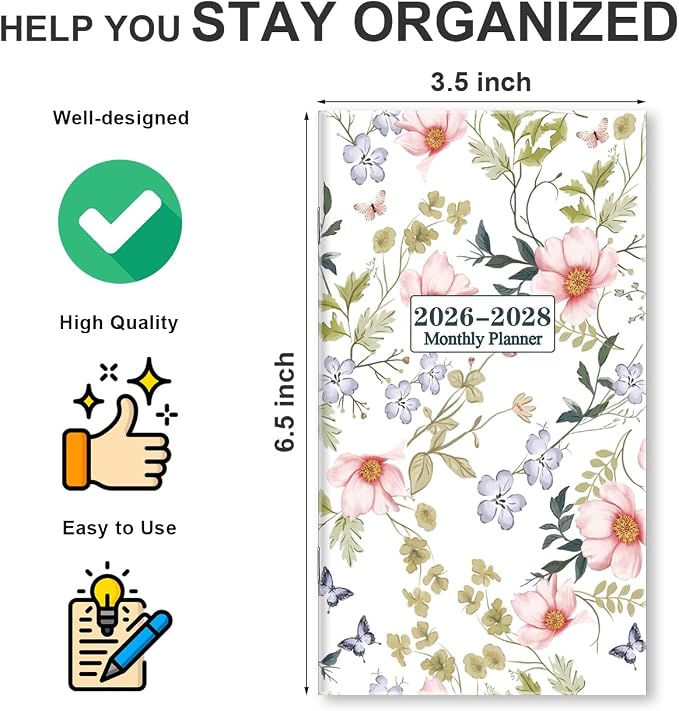 2026-2027 Pocket Calendar for Purse – Mini Monthly Planner from July 2026 to June 2028, 2 Year Monthly Calendar for Organizing & Planning, 3.5" x 6.5", Pink Flower