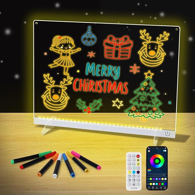 LED Note Board with Colors 12-Color Illuminated Acrylic Drawing Board - Dry-Erase Night Light with Stand for Home/Office/Gift/Festival (14.1"x10.9"W)