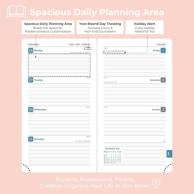 Weekly Monthly 2026-2027 Planner (July 26-Dec 27),6.5"x3.75",18 Months Agenda Plan with Month Tabs & Pocket,Expenses/Note Pages, Academic Calendar with Vegan Leather Cover,Pink