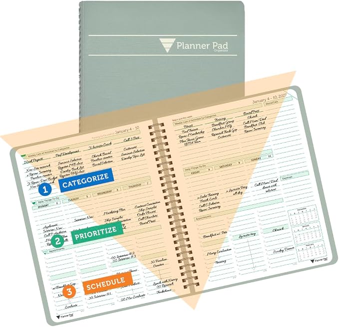 Planner Pad Spiral Bound January-December 2027/ Calender Year 6 3/4" x 8 1/2" Medium 3-Tier Funnel Down 12 Month Organizer, Greenish Grey Cover/Soft Green Ink