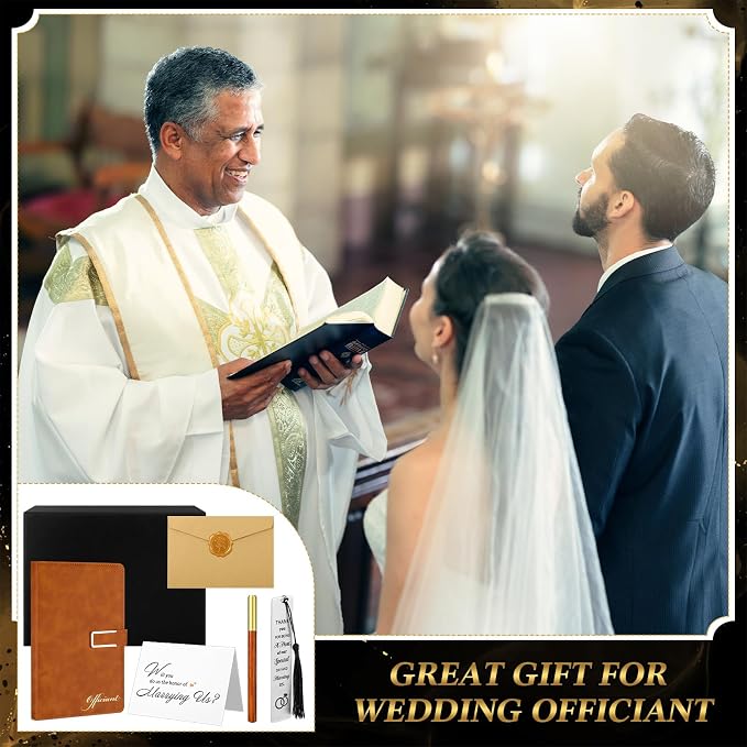 7 Pcs Officiant Gift Set Includes Leather Hardcover Proposal Officiant Book Black Ink Pen Thank You Card with Envelope and Sticker Bookmark Gift Box for Wedding(Brown)