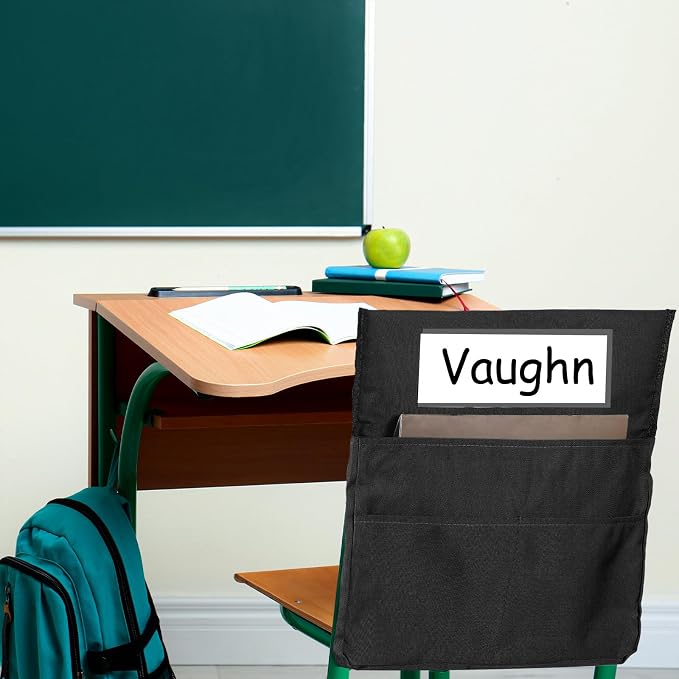 Boao 24 Pcs Chairback Pockets for Classroom with Name Tags, 16.3 x 15 Inch Seat Storage Organizers, 2 Large Pockets Chair Back Organizers for Students Teachers School Supplies(Black)