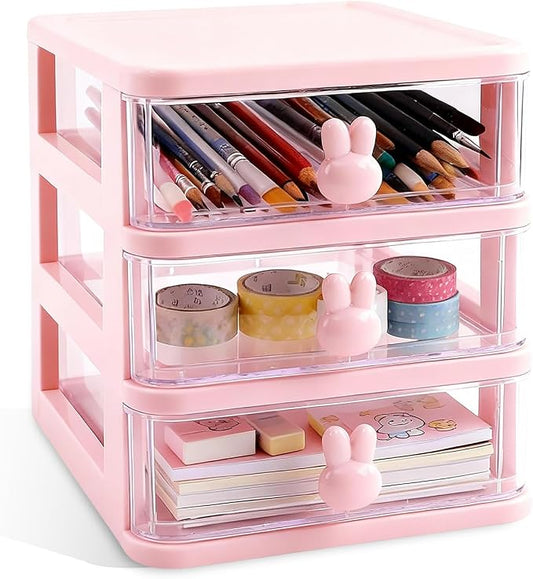 CEYAZYE Small Desk Organizer with Drawer, Stackable Makeup Organizer White, Mini Plastic Storage Box for Desktop, Bathroom Counter or Dresser, School, Home, Office (Pink-3 Tier)