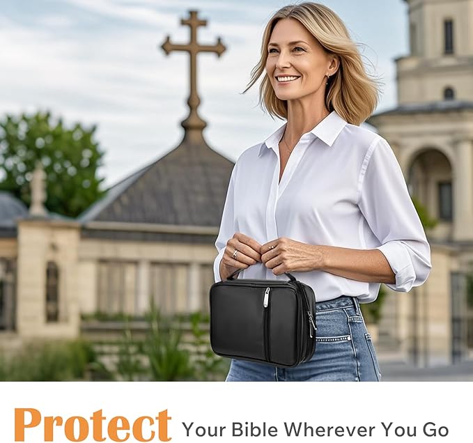 Small Bible Cover Case for Women and Men, 9x6 PU Leather Bible Sleeve, Compact Travel Bible Carrier Bag with Front Pen Holders, Zipper Closure, Inner Pockets - Black