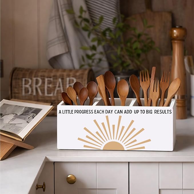 A Little Progress Each Day Desk Organizer, 3 Compartment Wooden Pencil Holder, Cute Motivational Desk Storage Box for Pens, Pencils, Scissors, Ruler, Office Supplies, Home, Classroom
