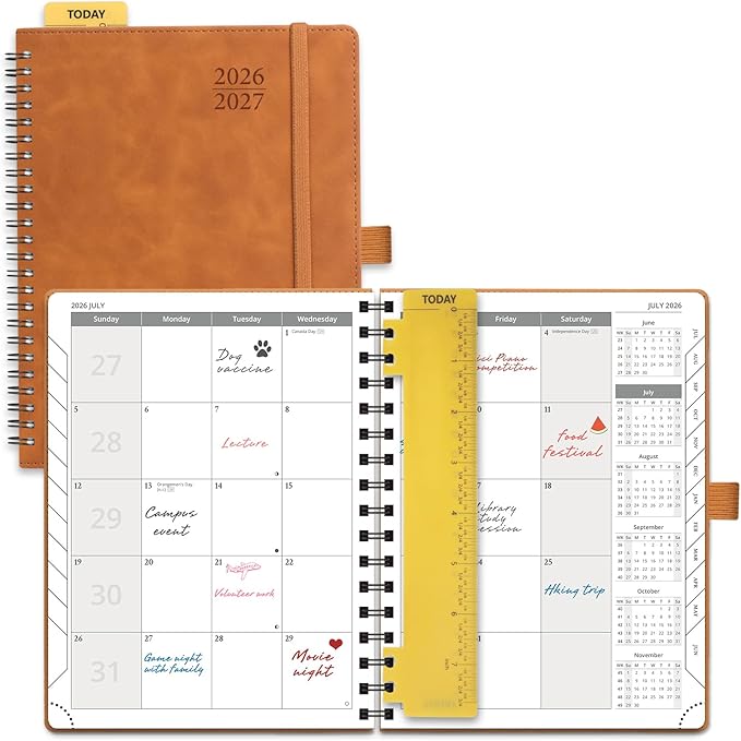 POPRUN 2026-2027 Monthly Planner, 6.5" x 8.5", 18 Month Calendar (July 2026 to December 2027) with Expense Tracker, Notes Pages, Sprial Bound, Leather Softcover - Brown