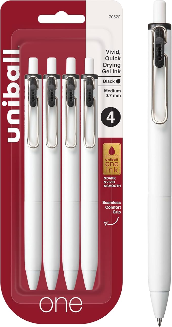 Uni-Ball One Black Retractable Gel Pens 4 Pack with Medium Points, Uni-Ball Click Pens are Fraud Proof and the Best Office, School, and Bible Pens