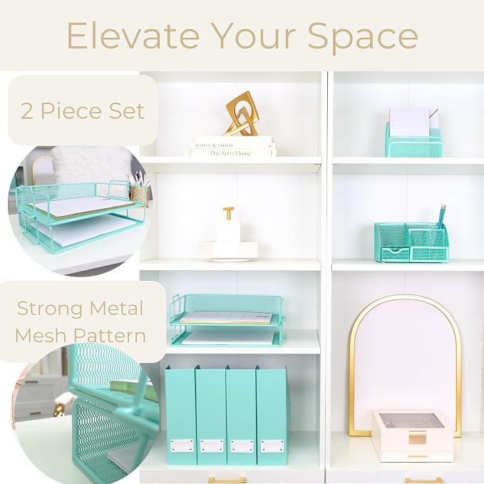BLU MONACO Aqua Mesh Paper Tray Set of 2 | Stackable Letter Trays for Desk Storage | Metal Document Holder and File Organizer for Home, Office and School | 13” x 9.8” x 5.6” Workspace Organizer