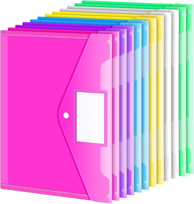 Sooez 12 Pack Folders Plastic Envelopes with Snap Closure, Clear Plastic File Folder for Document, Letter A4 Size Poly File Envelopes with Label Pocket for Home Work Office Organizer, 5 Colors