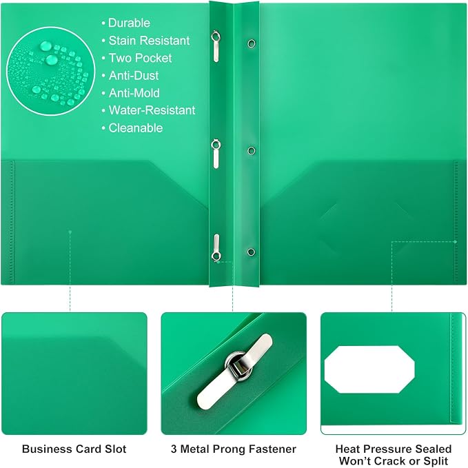 Cholemy 54 Packs Pocket Folders with Prongs Heavy Duty Plastic Folder with Business Card Slot 3 Prong Fasteners for School Office (Green)