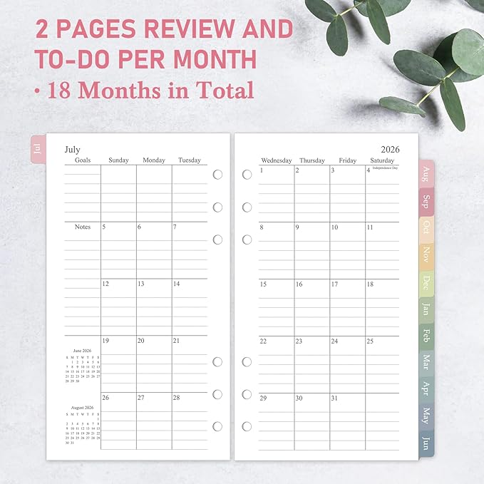 2026-2027 Monthly Planner Refill for A6 6-Ring Binders, 3.8"x6.8" Small Size Planner Inserts, Jul. 2026 - Dec. 2027, 18 Monthly Calendars with Colorful Laminated Tabs, 6-Hole Punched