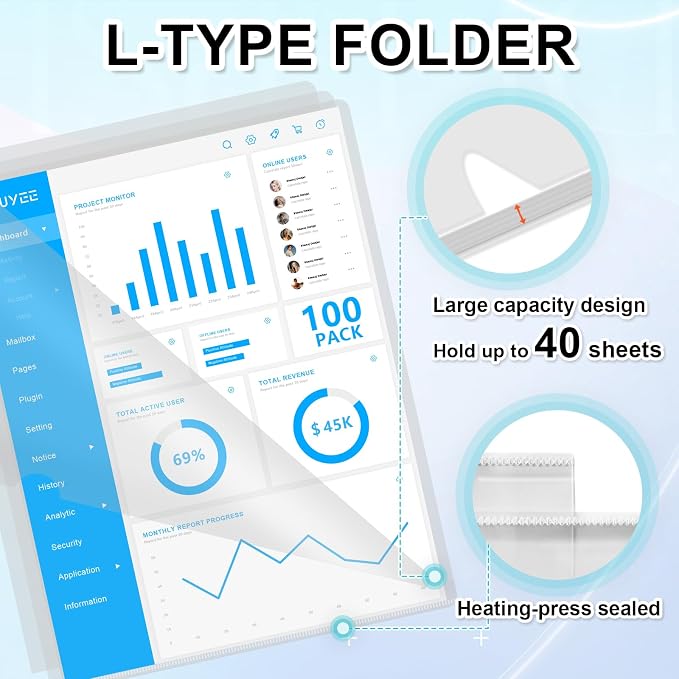 HOUYEE 100 Pack Heavy Duty Clear Document Folders, L-Type Folder Plastic Paper Sleeves Copy Safe Project Pockets Fit for 8.5" x 11" Letter Size Paper, for Home, Office, and School Use