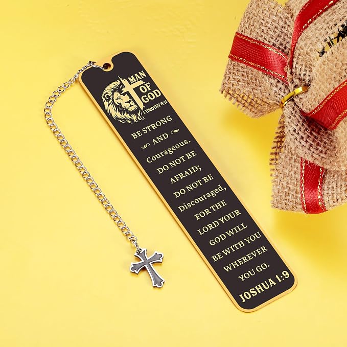 Christian Bookmark Man of God, Inspirational Lion Bible Verse Bookmark with Cross Pendant, Religious Scripture Verse Bookmarks for Man Accessories Church Fathers Day Baptism Easter for Pastor Men