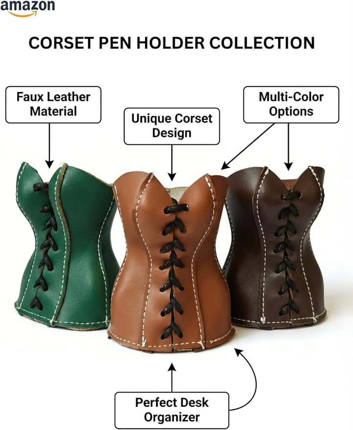 Faux Leather Lace-Up Corset Pencil Holder – Gothic Y2K Desk Pen Cup Makeup Brush Organizer Mini Storage for Home Office, Brown