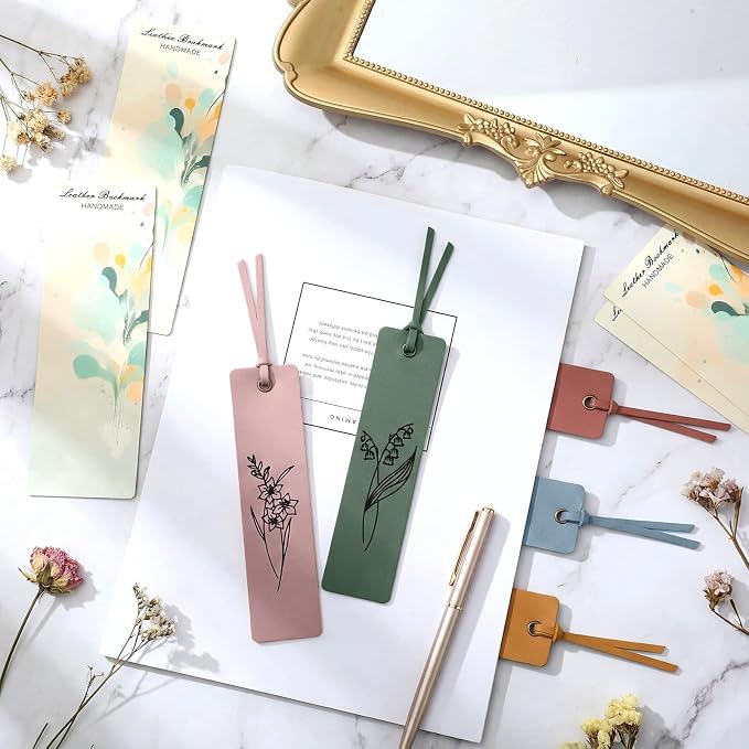Resurhang 5 Pcs Flower Leather Bookmark for Reading with Rope Card Book Mark for Women Men Kid Floral Page Marker Gift for Book Lover Teacher School Student Bridal Shower Gift Bag(Cute Color)