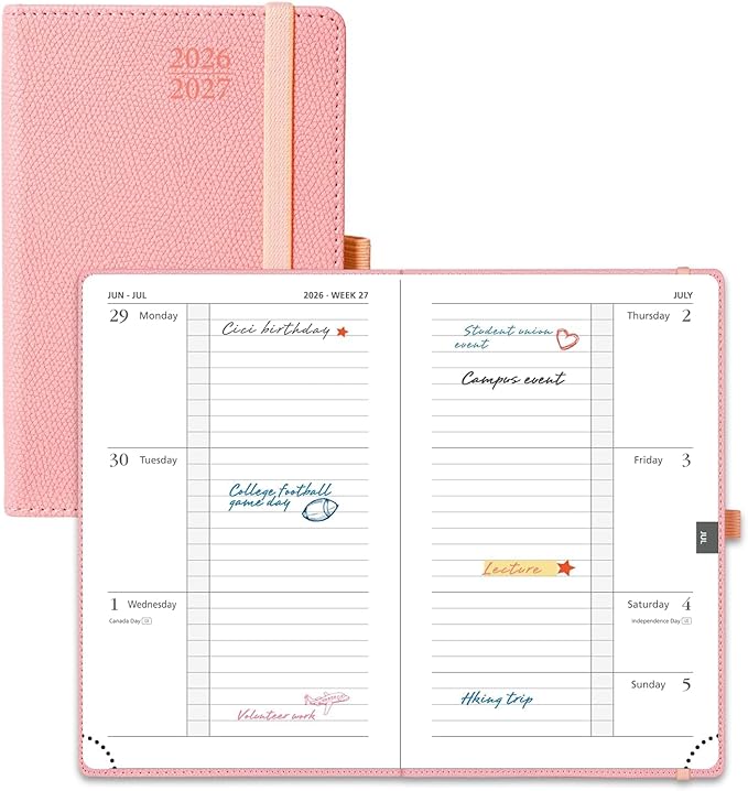 POPRUN 2026-2027 Pocket Weekly Planner Calendar, Size 4'' x 6.25'', Academic Planner (Jul 2026 - Jun 2027) Horizontal Layout with Lined Sections, Leather Hardcover, 100GSM Paper - Soft Pink