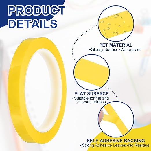MECCANIXITY Whiteboard Tape 1/2" / 12mm Self Adhesive Graphic Chart Line Tape 72 Yard Grid Marking Stickers for Pinstripe Dry Erase Board Scrapbooking DIY Art Crafts, Dark Yellow, Pack of 3