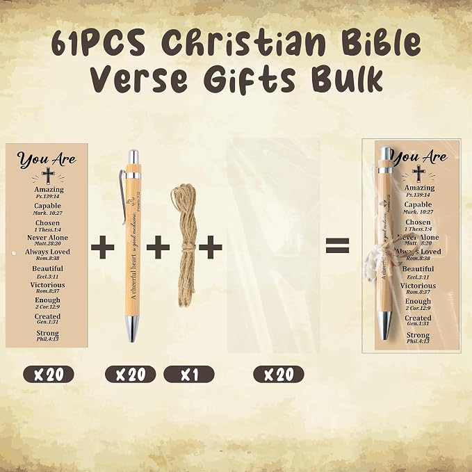 Haooryx Christian Bible Pen Bookmark - 20-Piece Christian Bible Verse Bamboo Inspirational Pens Bookmark Set You are Amazing Scripture Biblical Bookmark Church Multi-Item Party Favor Packs Gifts Bulk