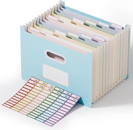 ThinkTex 12-Pocket Accordion File Organizer, Upright Open Top, Monthly Tabs, High Capacity Wheat Straw Expanding File Folder, Fits Letter A4 & Manila Folders for School Home Office -Sky Blue