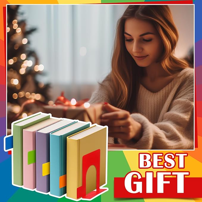 5 Set Metal Book Ends for Shelves Rainbow Book Shelf Dividers Library Shelf Marker Bookends Stopper Colorful Office Stand Holder for Heavy Books Desk Home Movies Kitchen Cds