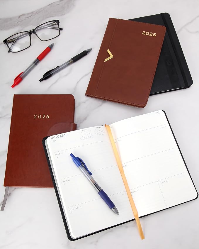 WORLD TRAVELER 2026 Planner - 6x8 Inch Weekly and Monthly Calendar Planner Agenda Book with Bookmark & Ribbon for School and Office, Size 6X8, Black Woven
