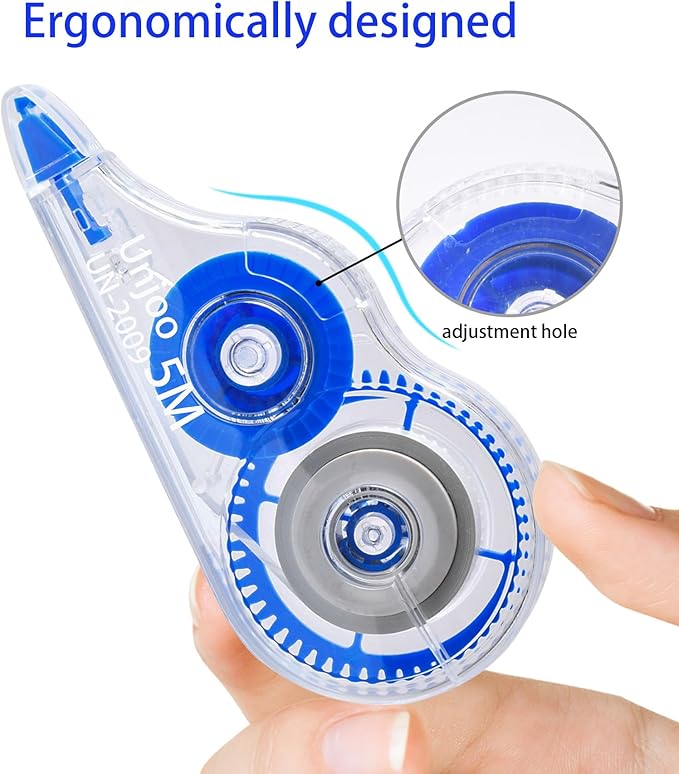 Unjoo White Correction Tape, Easy To Use Applicator for Instant Corrections Wrong Writing At Any Time, For school, Office (12pack, 5M/196" x 0.2", Blue)