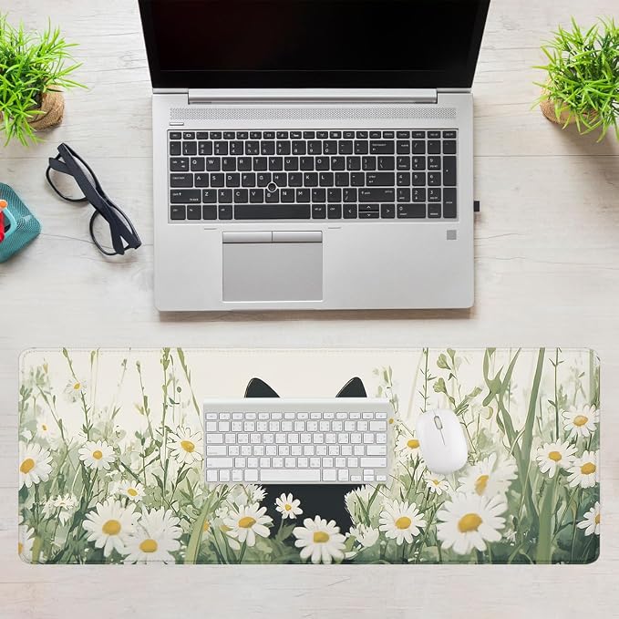 Cute Black Cat Desk Mat Gaming Mouse Pad Watercolor Daisy Kitty Extended Gaming Mousepad Mat with Stitched Edge Non-Slip Base Big Mousepad Office Computer Keyboard Laptop Home 31.5"x11.8"