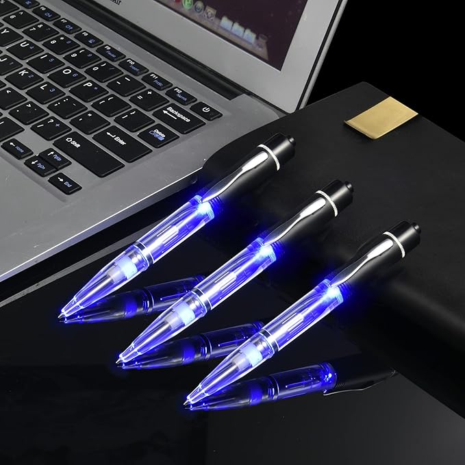 Glovion LED Light Pen, Lighted Ballpoint Pen Penlight for Nighttime Writing –Blue Light with Black Shell- Pack of 3 Pens