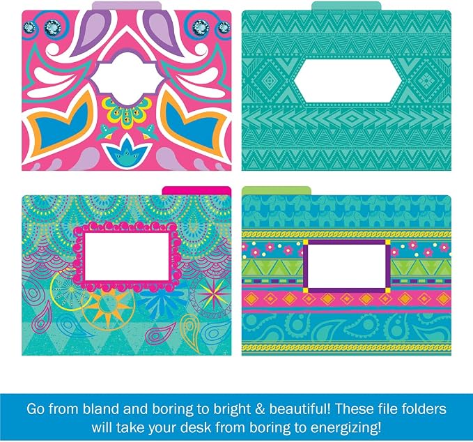 Barker Creek Designer File Folders, Bohemian, Multi-Design, Playful Patterns on Outside, Solid Colors on Inside, Letter Size, 1/3 Cut Tabs, Home, School and Office Supplies (1339), 12pt Cardstock