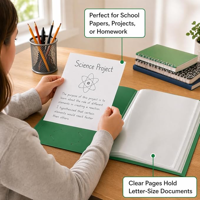 Ultra PRO - 50 Pack Green Heavy Duty 2-Pocket Folders with 6 Clear Internal Pages, Waterproof Poly Project Organizer for School and Office, Fits 8.5 x 11 Letter Size, Customizable Clear Covers