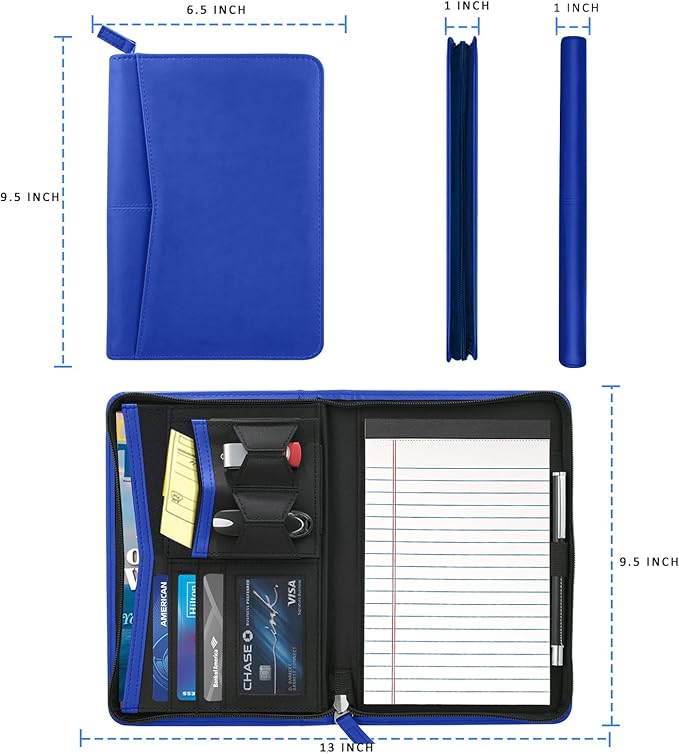 Lcjtop Junior Business Padfolio - A5 PU Leather Portfolio Binder & Zippered Binder Folder with 5 x 8 Writing Pad and Interior Storage Pocket Executive Business Organizer for Men Women,Royal Blue